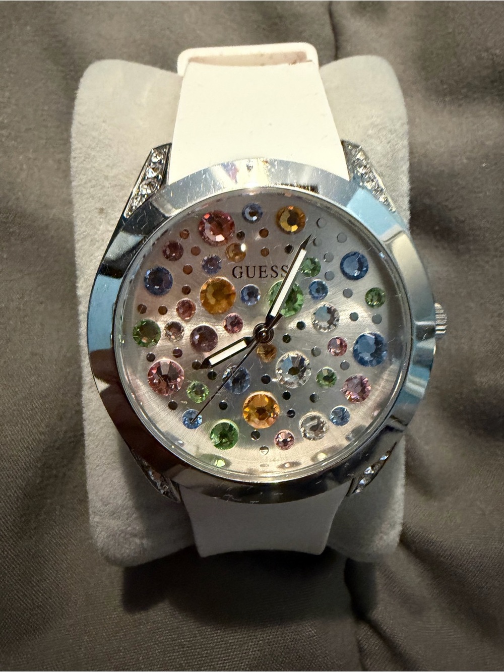 GUESS White Watch with Multicolor Crystal Accents